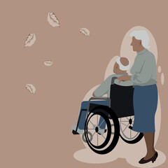 Vector isolate flat design of side view of no face elderly man is sitting on wheelchair has his wife, old woman is standing  behind him, they are  watching  at the falling leaves on a brown background