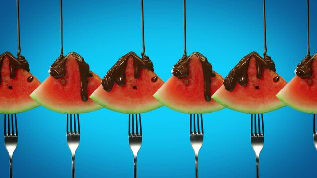 Liquid chocolate sauce pouring over watermelon