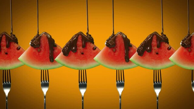 Liquid chocolate sauce pouring over watermelon