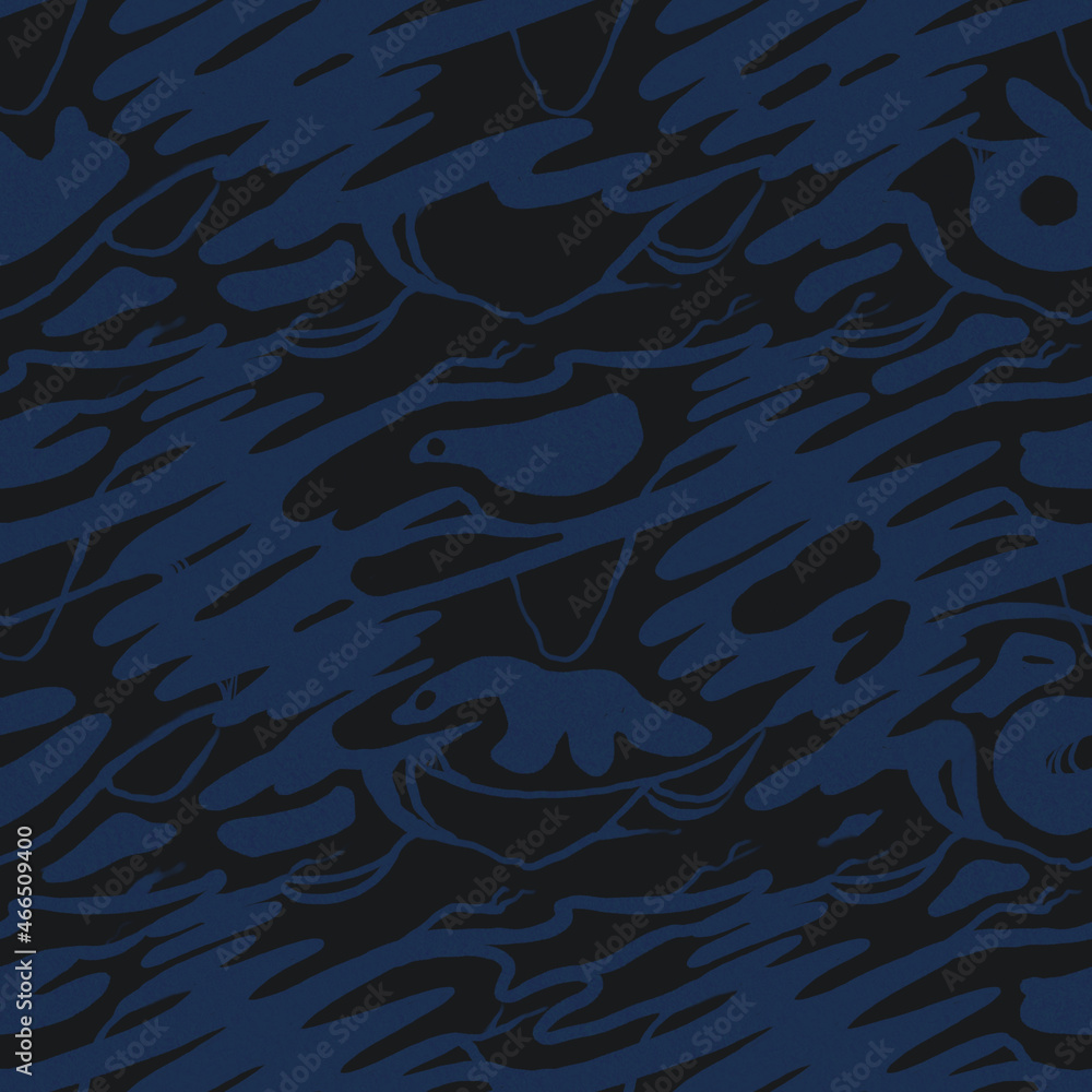 Poster repeatable pattern with abstract forms reminding animals in dark blue on a black background
