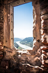 View from an old window overlooking the Danube in Austria