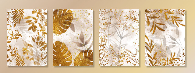 Cards set with watercolor and gold plants. Abstract art vector with glitter elements. Effective cards with botanical leaves and organic shapes. Watercolor style. Space for your own design.