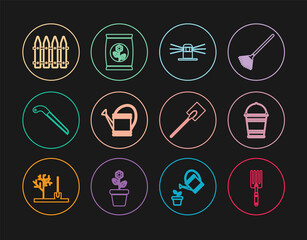 Set line Garden fork, Bucket, Automatic irrigation sprinklers, Watering can, saw, fence, shovel and Fertilizer bag icon. Vector
