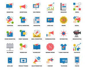 Advertising Promotion Icons Flat Color , Pixel Perfect Design Simple Set For Using In Website Graphics Report Logo Infographics, Best Quality Outline Symbol Collection Icon Vector Illustration