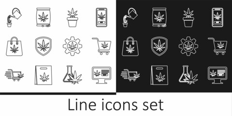 Set line Online buying marijuana, Shopping cart with, Marijuana plant pot, Shield and, bag of, Watering can, Test tube and or cannabis seeds icon. Vector