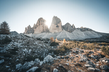 Panoramic view of Tre Cime di Lavaredo or Drei Zinnen at sunset in the Dolomites in Italy, Europe