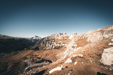 Panoramic view of Tre Cime di Lavaredo or Drei Zinnen at sunset in the Dolomites in Italy, Europe