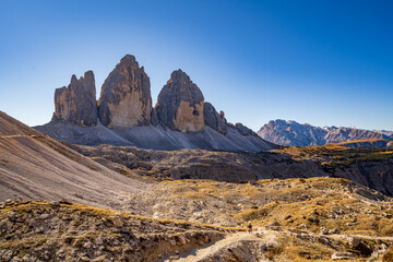 Panoramic view of Tre Cime di Lavaredo or Drei Zinnen at sunset in the Dolomites in Italy, Europe