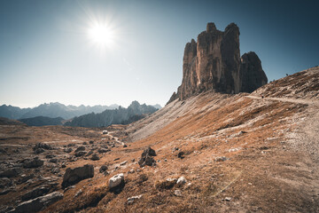 Panoramic view of Tre Cime di Lavaredo or Drei Zinnen at sunset in the Dolomites in Italy, Europe