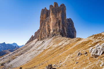 Panoramic view of Tre Cime di Lavaredo or Drei Zinnen at sunset in the Dolomites in Italy, Europe