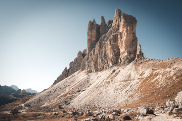 Panoramic view of Tre Cime di Lavaredo or Drei Zinnen at sunset in the Dolomites in Italy, Europe