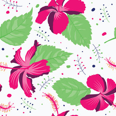 Botanical hawaiian hibiscus flower and leafs allover motif artwork for blue green sheet, clothes, cotton, art print and tapestry