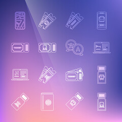 Set line Train ticket, Bus, Online hotel booking, Ticket, Infographic of city map and Translator icon. Vector