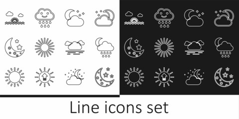 Set line Moon and stars, Cloud with rain moon, Sun, Sunset, and icon. Vector