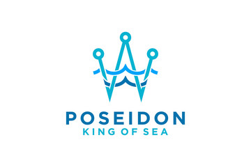 Blue King Crown and Water Sea Waves for Boat Ship logo design Poseidon Marine Maritime Navi