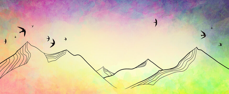 Minimal mountains and birds in flock on sunset sky watercolor background, black abstract line art against pastel yellow sky with painted blue purple pink green orange and yellow border colors