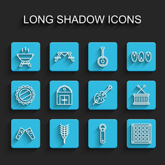 Set line Glass of beer, Wheat, Barbecue grill, Bottle opener, Checkered napkin, Farm House, Musical drum and sticks and Violin icon. Vector