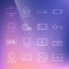 Set line Chest for game, Computer keyboard, Ancient, Video console, Coin, Alien, monitor and Mobile and playing icon. Vector