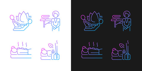 Fototapeta premium Beauty procedures gradient icons set for dark and light mode. Massage practitioner. Aromatherapy. Thin line contour symbols bundle. Isolated vector outline illustrations collection on black and white