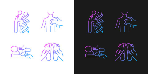 Massage therapy techniques gradient icons set for dark and light mode. Pressing on trigger points. Thin line contour symbols bundle. Isolated vector outline illustrations collection on black and white