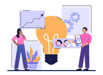 Vision statement concept. Man and woman analyze company statistics and predict business development in future. Employees come up with new ideas for growth of startup. Cartoon flat vector illustration