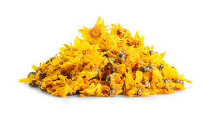 Dried chrysanthemum flowers isolated on white background.