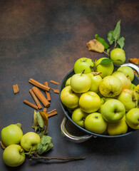 Raw Fruits. Fresh Apple Fruit. Garden Green Apples and Chinese Cassia Sticks on Rustic Rusty Dark Brown Table. Copy Space