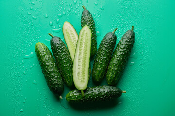 Set of fresh whole and sliced cucumbers on a green background with water drops. Garden cucumber wallpaper backdrop design