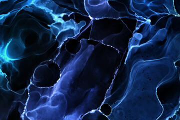 Abstract blue electric wave on black technology background. Neon light paint in water, acrylic...