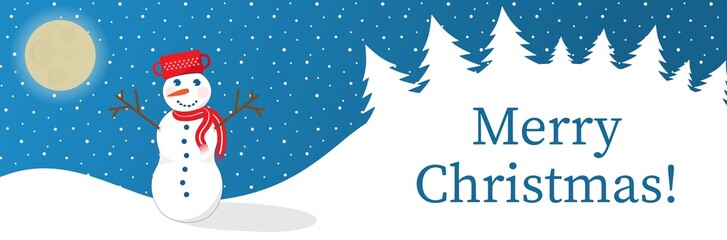 Chrismas banner design with snowman, landscape, moon, pine tree illustration. Winter holidays concept card design to use for merry christmas greetings, winter advertising, card with snowman.