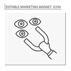 Magnetism line icon. Hand keep magnet and attract people eye. Likes. Marketing magnet concept. Isolated vector illustration. Editable stroke