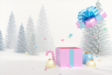 Winter Christmas background with empty gift box. 3d rendering.