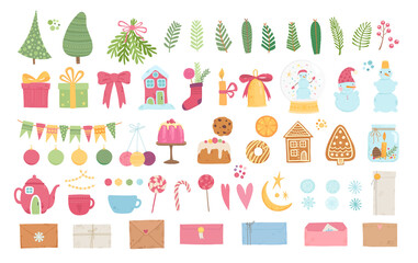 Collection of beautiful icons and decorations for Christmas tree. Set of holiday gingerbread, fir tree, ornaments, animals, Santa, snowman, gold bell. Colored vector illustration in flat cartoon style