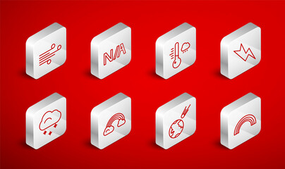 Set line Rainbow, Not applicable, Meteorology thermometer, Lightning bolt, Comet falling down fast, Wind, with clouds and Cloud snow icon. Vector