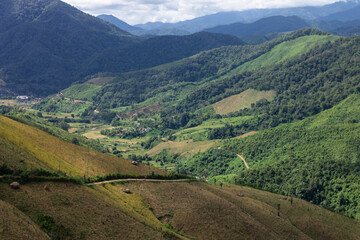 Top view mountain and green landscape from ban huai thone nan thailand.

