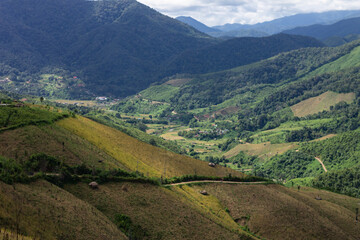 Top view mountain and green landscape from ban huai thone nan thailand.

