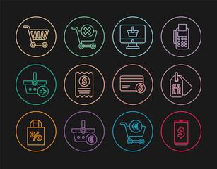 Set line Smartphone with dollar, Price tag Sale, Monitor shopping basket, Paper check and financial check, Add Shopping, cart, Credit card and Remove icon. Vector