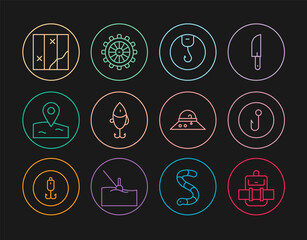 Set line Hiking backpack, Fishing hook, lure, Location fishing, Folded map, Fisherman hat and Ship steering wheel icon. Vector
