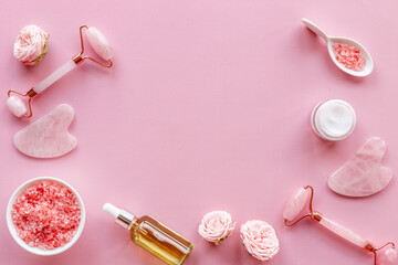 Facial spa skin care cosmetics products with stone massage roller and gua sha