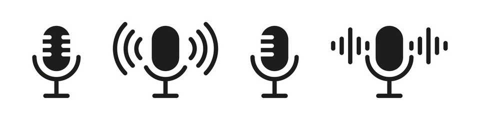 Podcast icon. Mic sign. Radio broadcast audio podcast symbol isolated vector set. Radio live studio record microphone on white background.