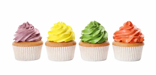 Different delicious colorful cupcakes on white background