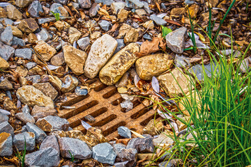 Rusty grate to storm sewer partly covered by landscape rocks - Closeup with tuft of green grass.
