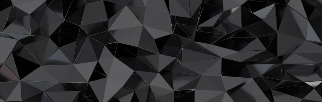 3d render, abstract black crystal background, faceted texture, macro panorama, wide panoramic polygonal wallpaper © vege