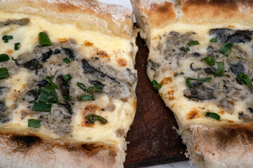 Sliced pizza with mozzarella cheese, green onions and mushrooms.	