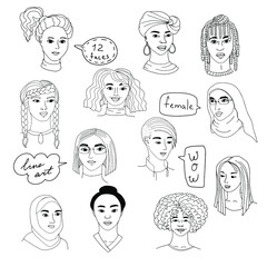 Set of 12 hand drawn female faces, diverse portraits of women of different ethnicities, black and white vector illustration