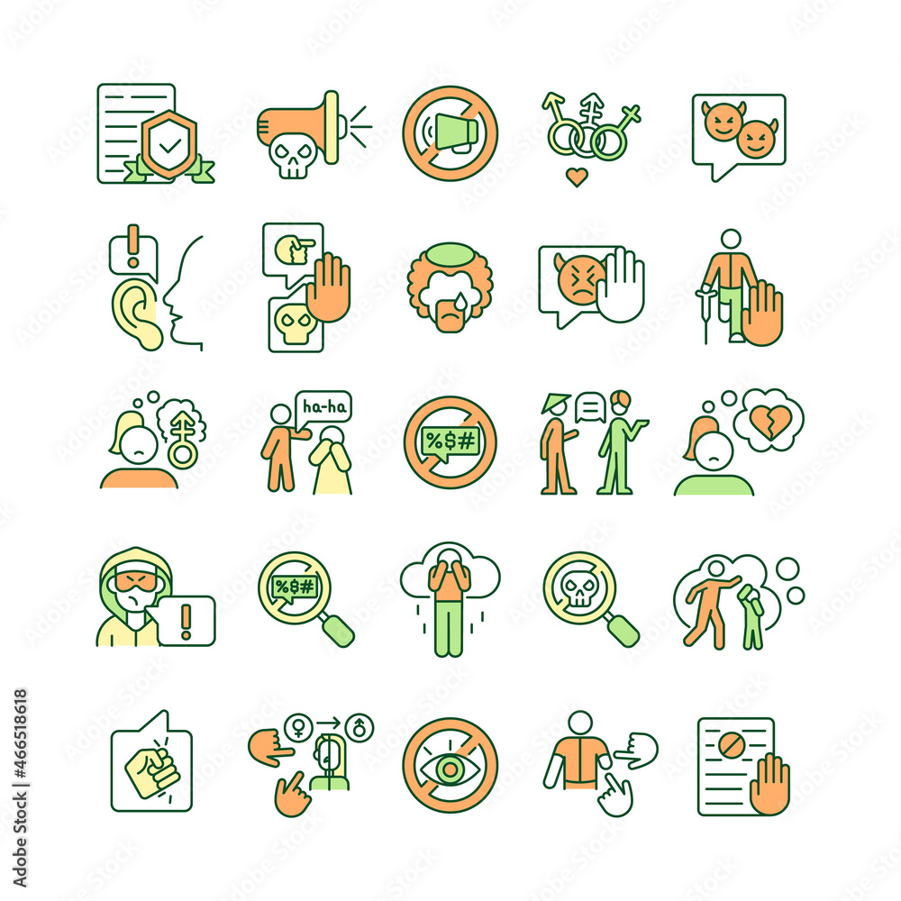 Poster verbal aggressiveness rgb color icons set. detecting hate speech. gender-based violence. cyberbullyi