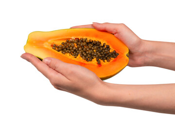 Papaya fruit isolated on a white background in woman hands. Half papaya.