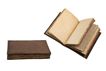 An open empty old notebook isolated on a white background.