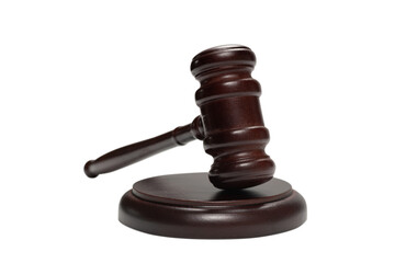 Wooden judge gavel and soundboard isolated on a white background.