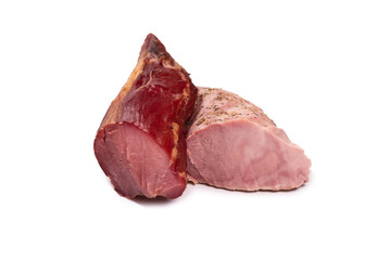 Boiled meat and smoked meat, boiled pork isolated on a white.